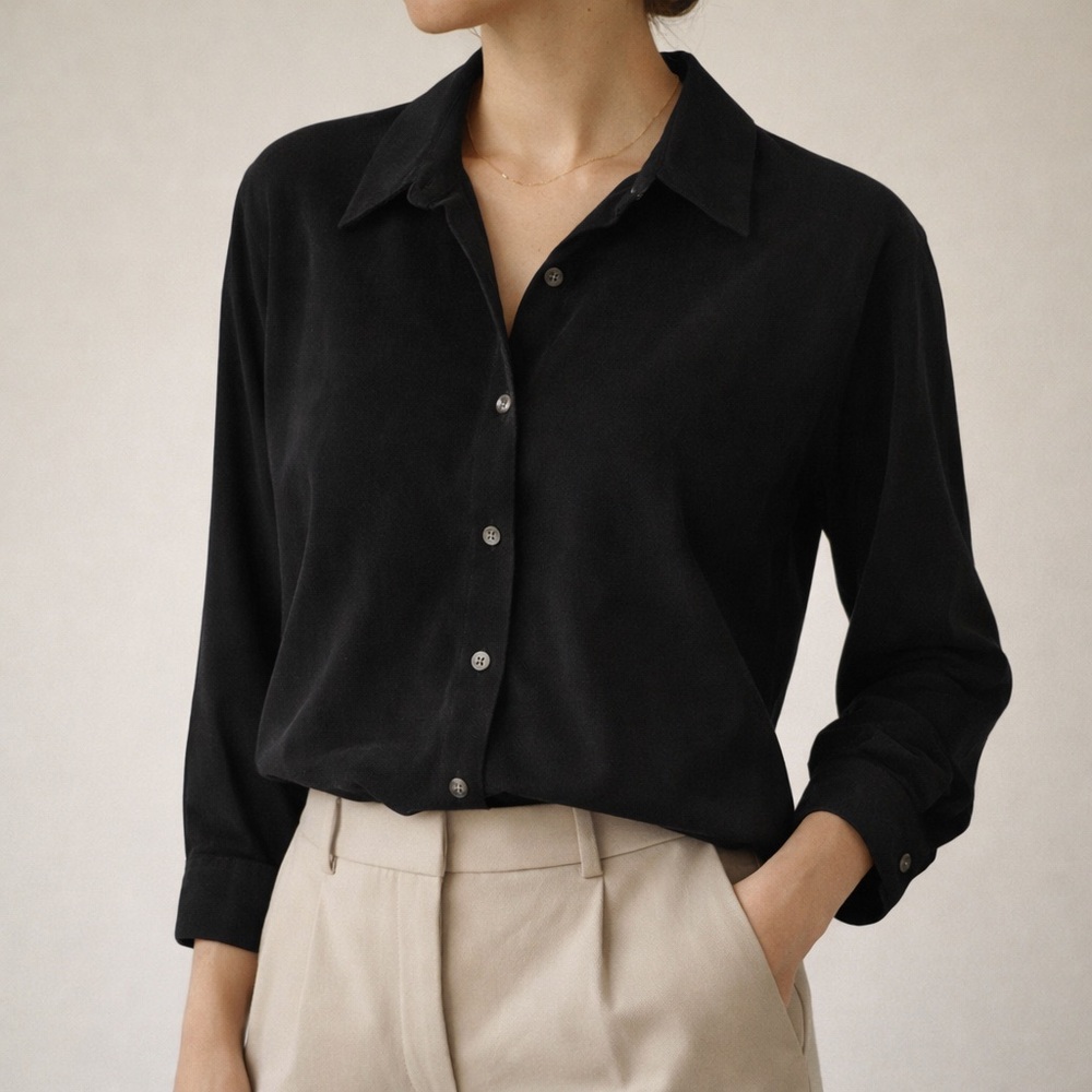 Premier International Black Soft Stretch Button Front Blouse Medium Minimalist